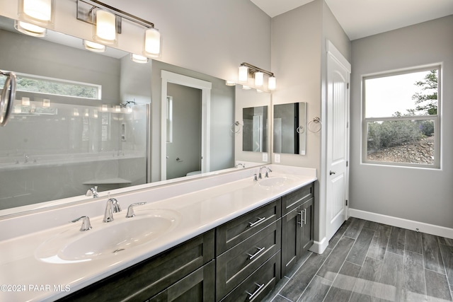 bathroom with hardwood / wood-style flooring, plenty of natural light, walk in shower, and vanity