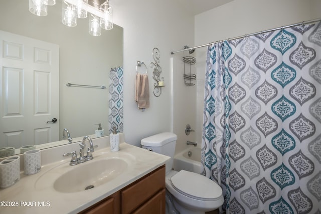 full bathroom with toilet, vanity, and shower / bath combination with curtain