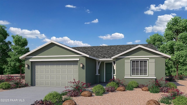 ranch-style house featuring an attached garage, a shingled roof, driveway, and stucco siding