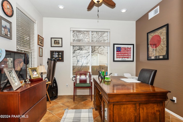 office area with ceiling fan and light tile patterned floors