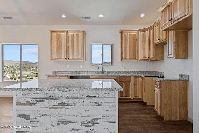 13555 E Soleil Down Rd, Mayer, AZ 86333 - kitchen featuring healthy amount of natural light, light stone counters, dark wood-type flooring, a center island, and recessed lighting