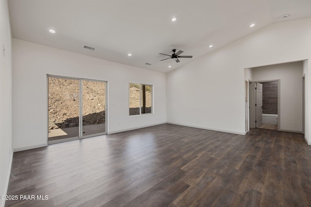 13555 E Soleil Down Rd, Mayer, AZ 86333 - spare room with a ceiling fan, lofted ceiling, recessed lighting, and dark wood-type flooring