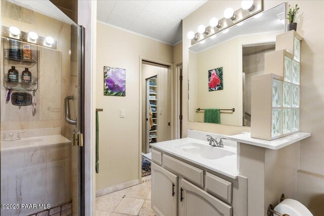 10875 E Manzanita Trl, Dewey-Humboldt, AZ 86327 - full bathroom with vanity, a stall shower, crown molding, and baseboards