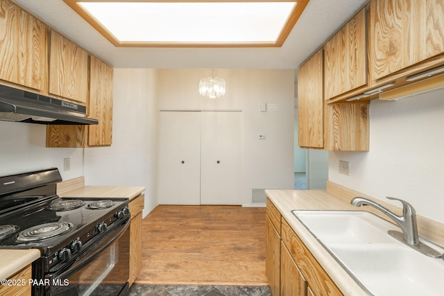 kitchen with black electric range, under cabinet range hood, light countertops, and a sink