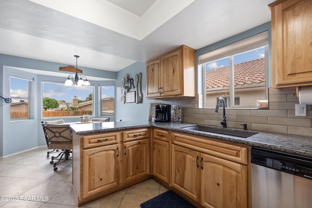 kitchen featuring a sink, stainless steel dishwasher, a peninsula, and backsplash