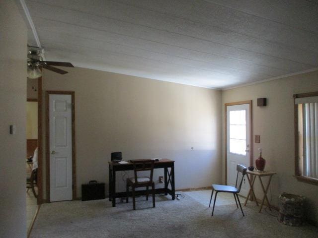 miscellaneous room featuring ceiling fan, ornamental molding, and light carpet