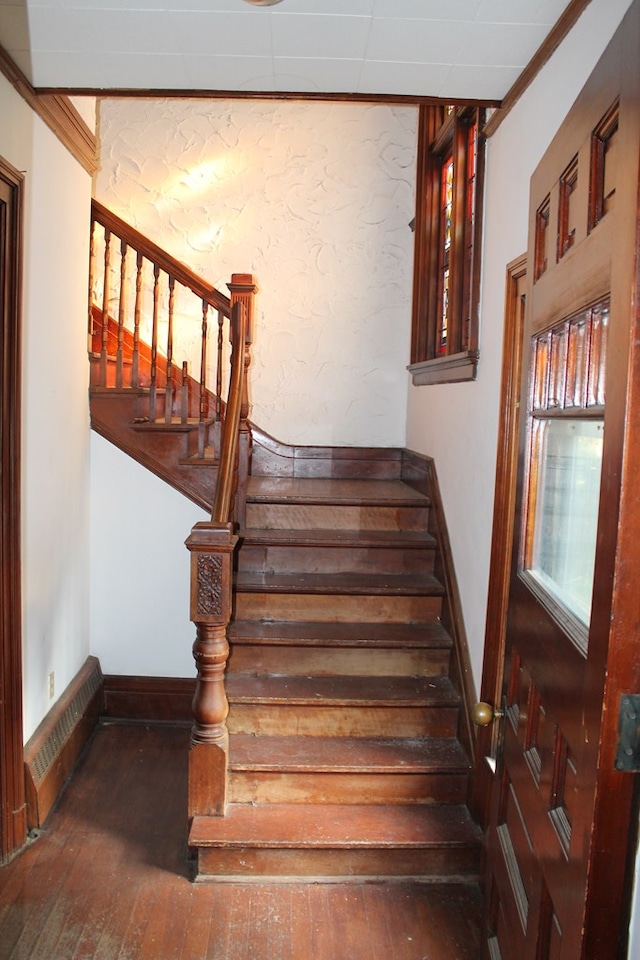 stairway with hardwood / wood-style flooring and ornamental molding