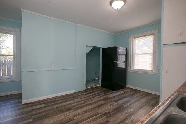 unfurnished room with sink, dark hardwood / wood-style flooring, ornamental molding, and a healthy amount of sunlight