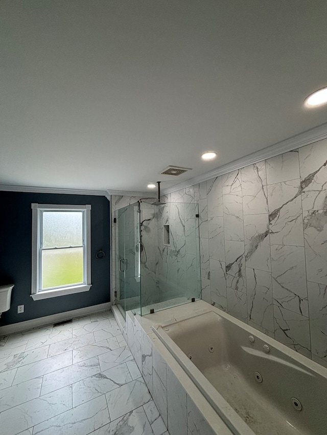 bathroom featuring independent shower and bath and crown molding