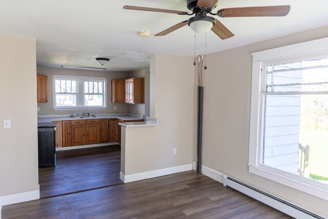 kitchen featuring ceiling fan, sink, a baseboard radiator, and dark hardwood / wood-style floors