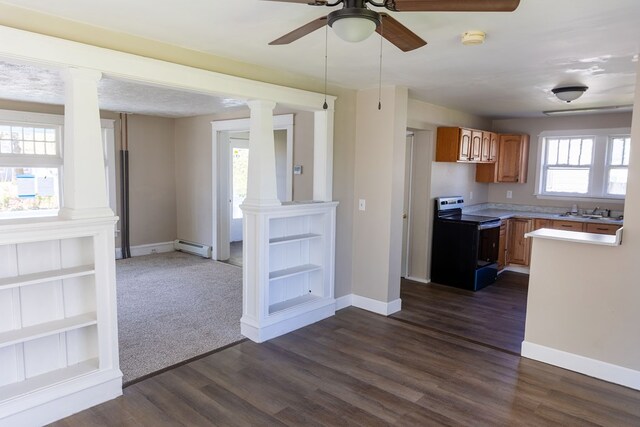 kitchen with electric range, dark hardwood / wood-style floors, plenty of natural light, and ornate columns