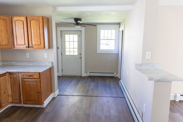 kitchen featuring ceiling fan, dark hardwood / wood-style flooring, and baseboard heating