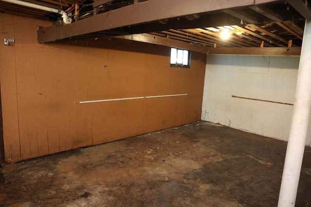 basement featuring wood walls