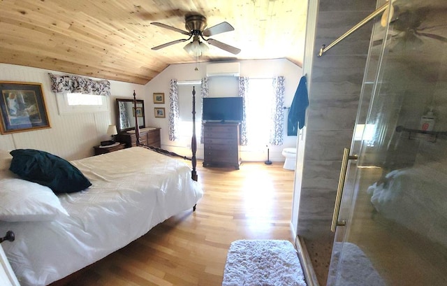 bedroom with wood ceiling, a wall unit AC, ceiling fan, wood-type flooring, and lofted ceiling