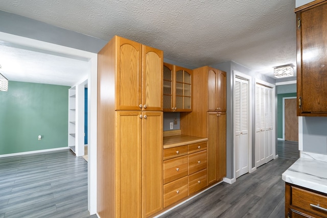 kitchen with a textured ceiling and dark hardwood / wood-style floors