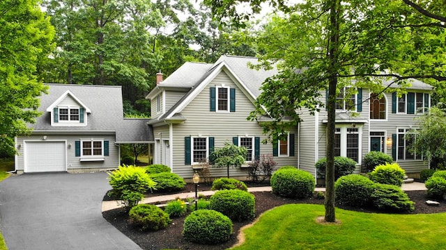 colonial home featuring a garage and a front lawn