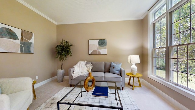 living room with ornamental molding and light carpet