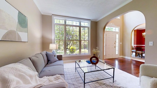 living room featuring crown molding, a healthy amount of sunlight, and hardwood / wood-style floors