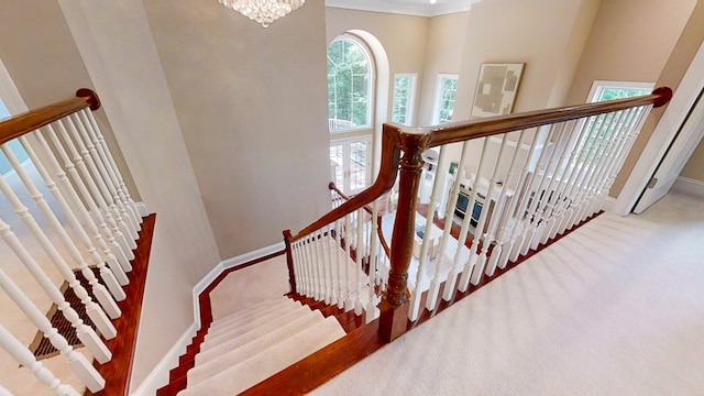 stairway featuring a chandelier and carpet floors