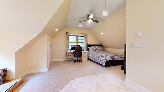 carpeted bedroom featuring vaulted ceiling, a baseboard heating unit, and ceiling fan