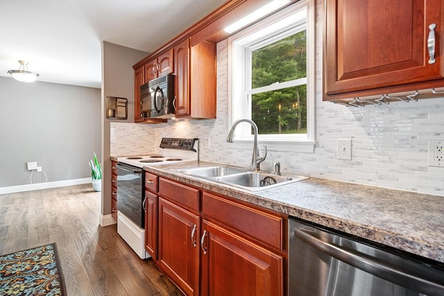 kitchen with electric range, dishwasher, sink, and dark wood-type flooring