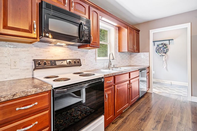 kitchen with sink, electric range, dark hardwood / wood-style floors, stainless steel dishwasher, and tasteful backsplash