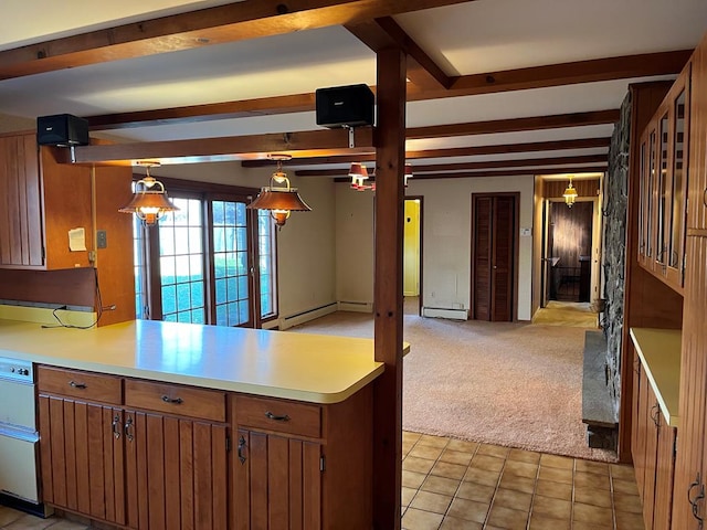 kitchen featuring light carpet, hanging light fixtures, kitchen peninsula, and baseboard heating