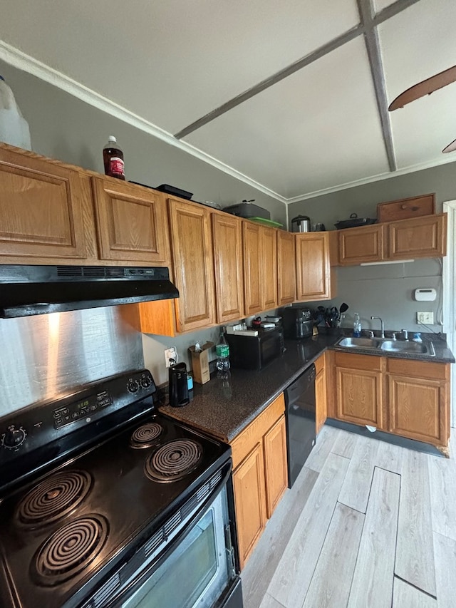 kitchen with sink, ornamental molding, light hardwood / wood-style flooring, dishwasher, and stove