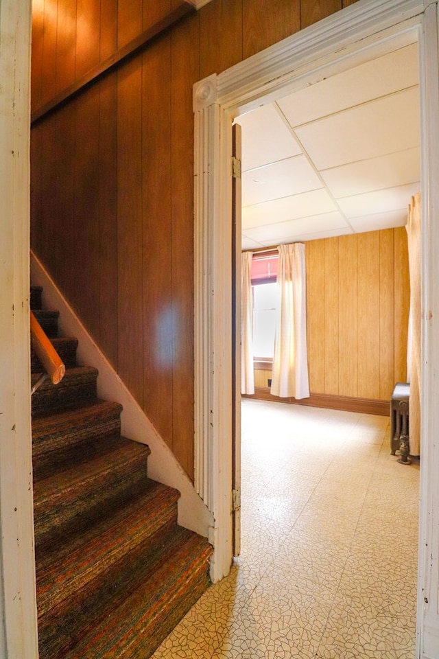 stairs featuring wood walls