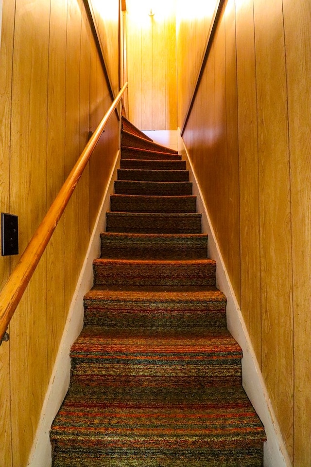 stairs featuring wood walls