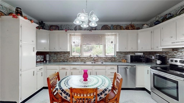 kitchen featuring appliances with stainless steel finishes, sink, ornamental molding, and white cabinets