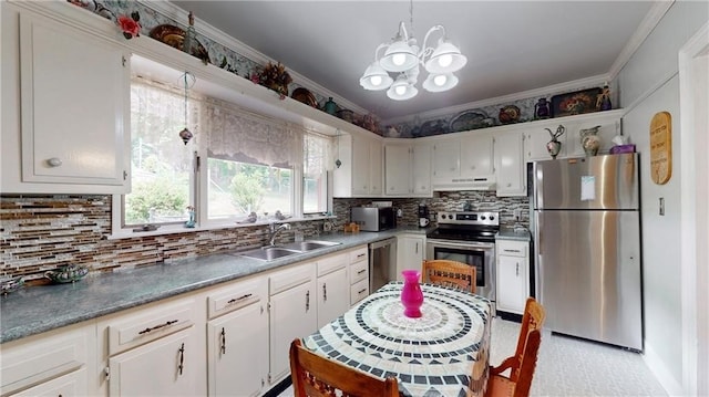 kitchen featuring sink, decorative backsplash, ornamental molding, white cabinets, and appliances with stainless steel finishes