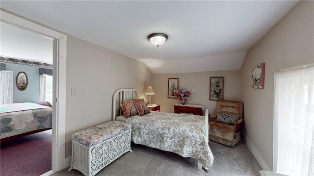 bedroom with carpet floors and lofted ceiling