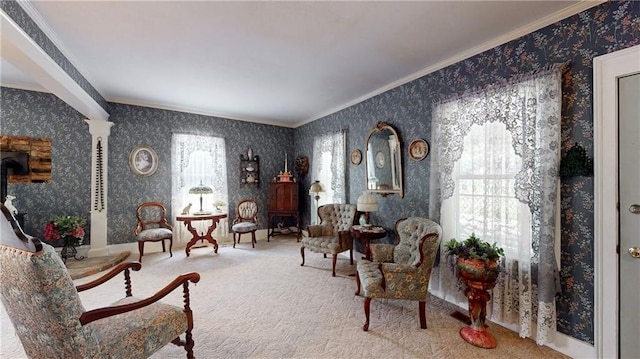 sitting room featuring ornamental molding, carpet flooring, and decorative columns