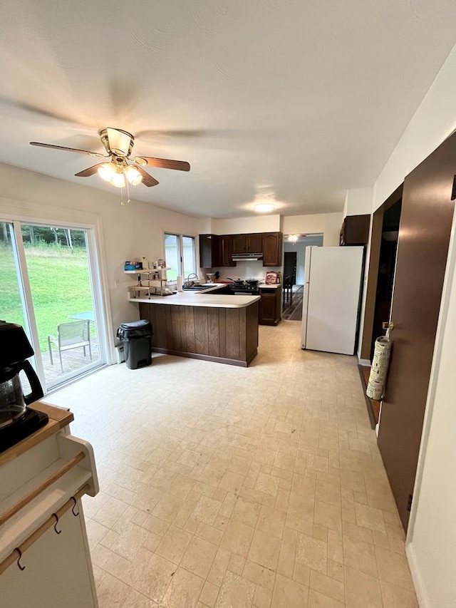 kitchen with sink, ceiling fan, a kitchen breakfast bar, white refrigerator, and dark brown cabinetry