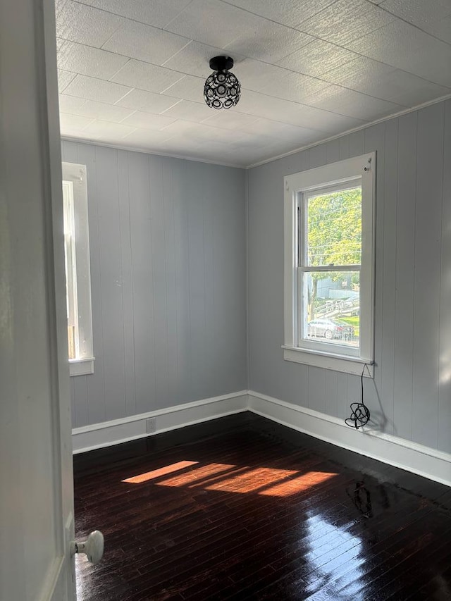 spare room featuring wooden walls and hardwood / wood-style flooring