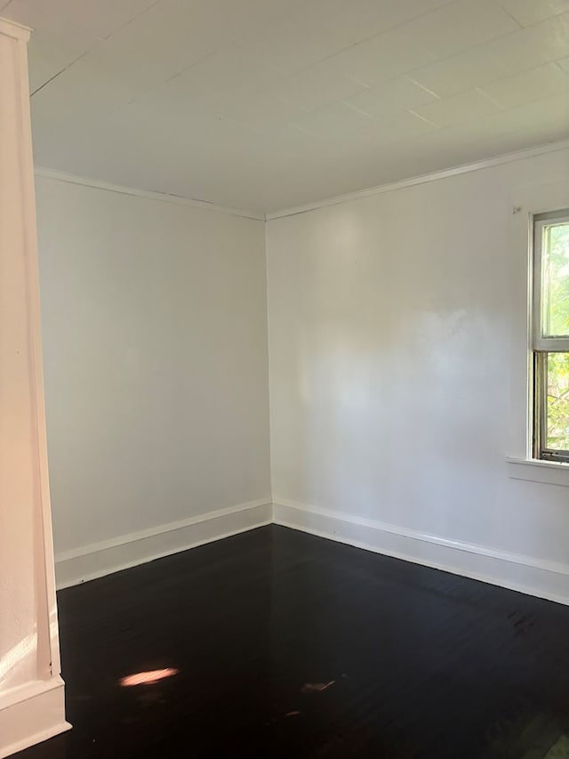 empty room with ornamental molding and wood-type flooring