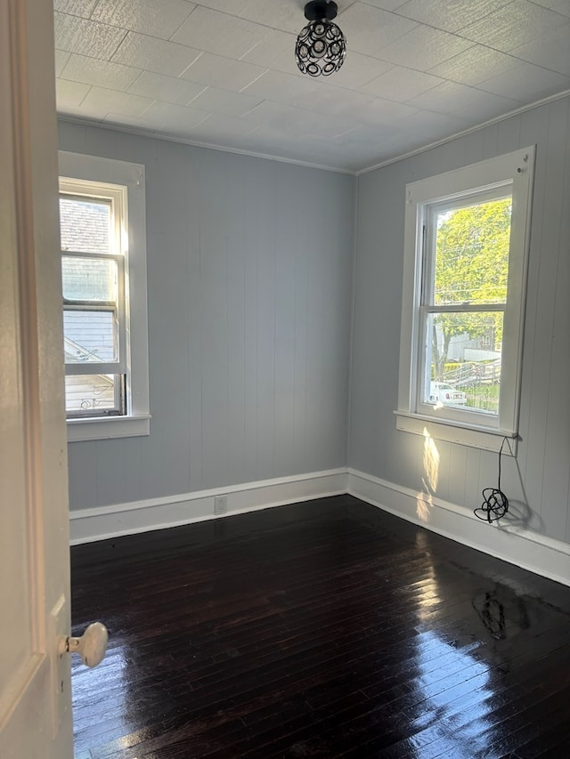 empty room with hardwood / wood-style floors, crown molding, and a healthy amount of sunlight