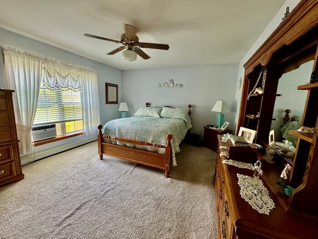 carpeted bedroom with ceiling fan, cooling unit, and a baseboard radiator