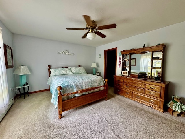 bedroom with ceiling fan and light colored carpet