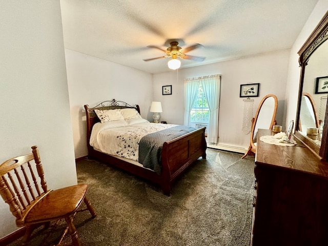 carpeted bedroom featuring ceiling fan, a textured ceiling, and a baseboard radiator