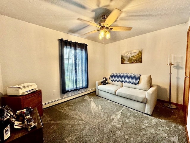 interior space with a textured ceiling, ceiling fan, carpet floors, and baseboard heating