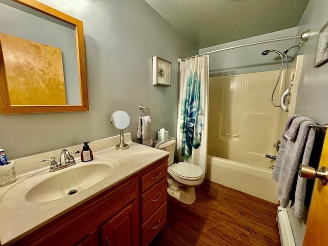 full bathroom featuring vanity, baseboard heating, wood-type flooring, shower / bathtub combination with curtain, and toilet