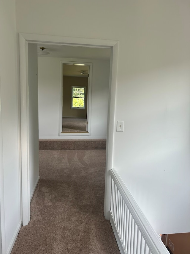 hallway with dark colored carpet