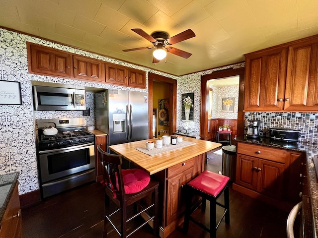 kitchen featuring ceiling fan, stainless steel appliances, and decorative backsplash