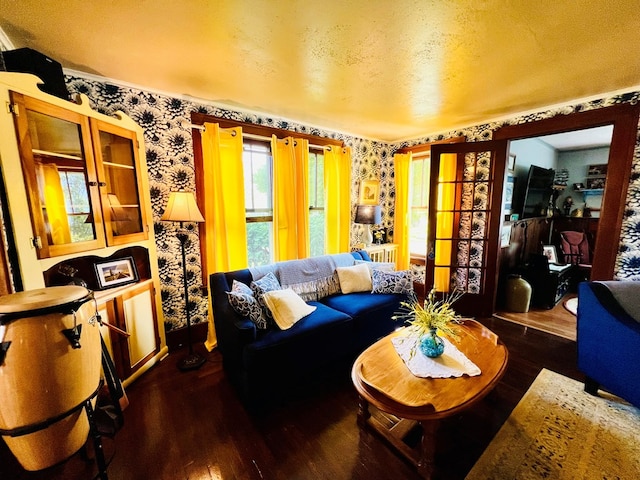 living room featuring dark hardwood / wood-style floors and a textured ceiling