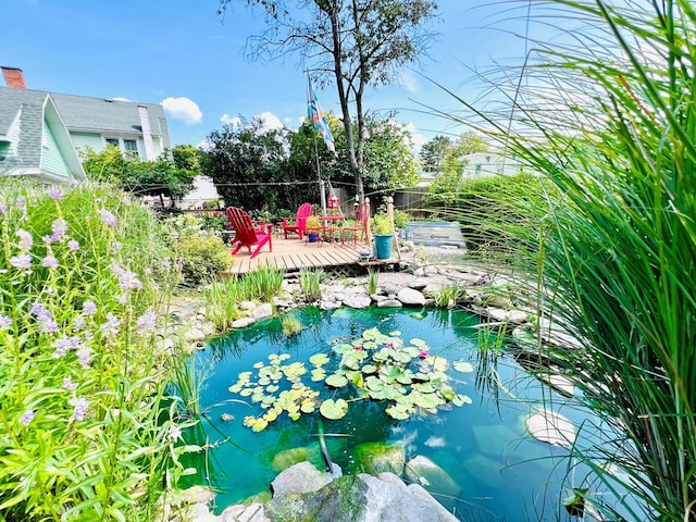 view of swimming pool with a small pond