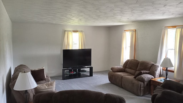 carpeted living room featuring a textured ceiling