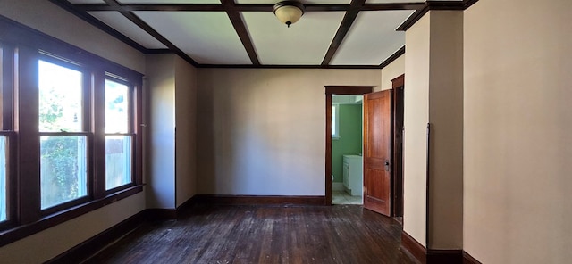 unfurnished room featuring dark wood-type flooring and coffered ceiling