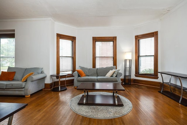 living room featuring ornamental molding and dark hardwood / wood-style floors